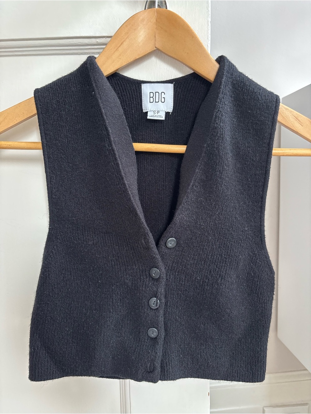 BDG Black Ribbed Button-Front V-Neck Vest